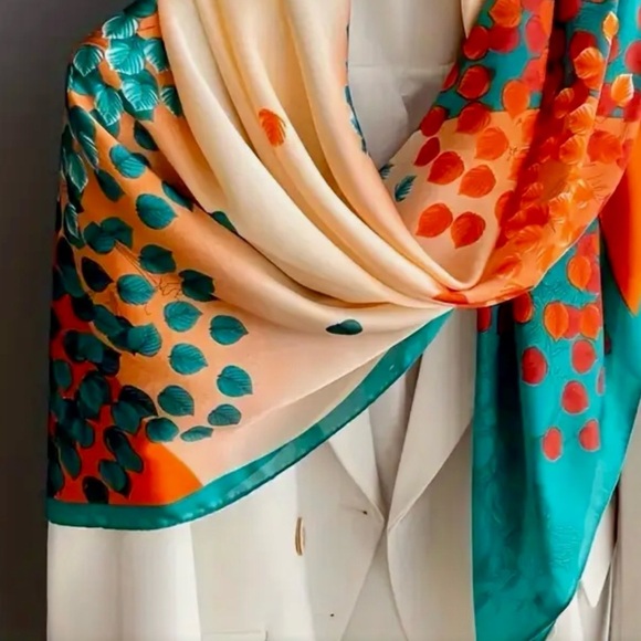 Elegant Multicolor Scarf Vintage Leaf Pattern Scarf,Soft Polyester silk feeling - Picture 2 of 5